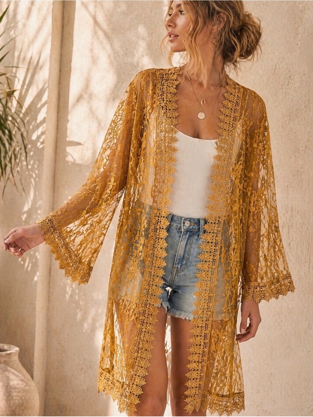 Polly & Esther Boho Lace Kimono Duster Gold Sheer Cardigan Longline Cover Up